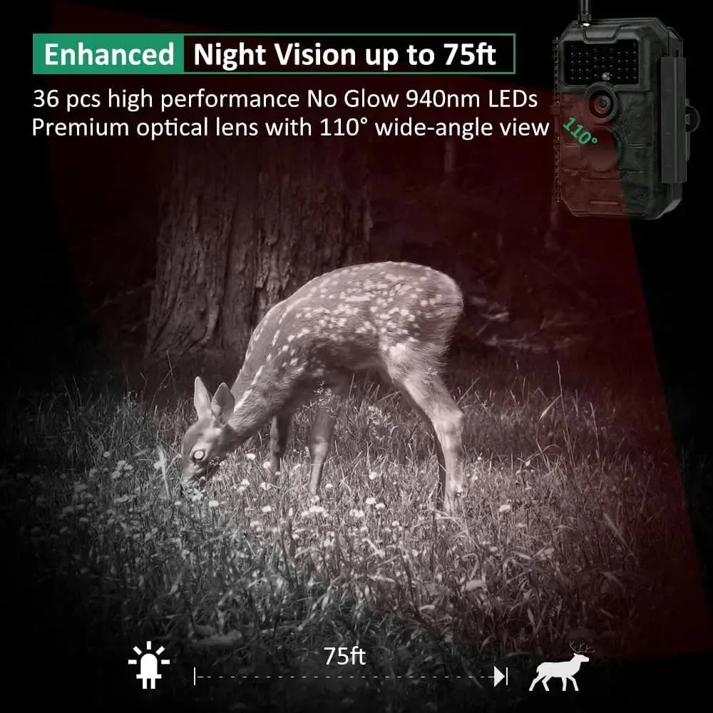 E6 WiFi Trail Camera, 48MP Photo, 1296P HD Video, App Control, Live View, 110° Wide-Angle, No-Glow Night Vision