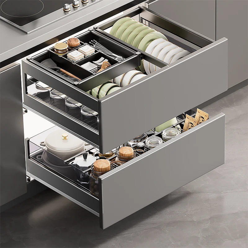 

Basket Kitchen Cabinet Double Drawer Space Aluminum Alloy Drawer Built-in Bowl Rack Seasoning Storage Dish Basket