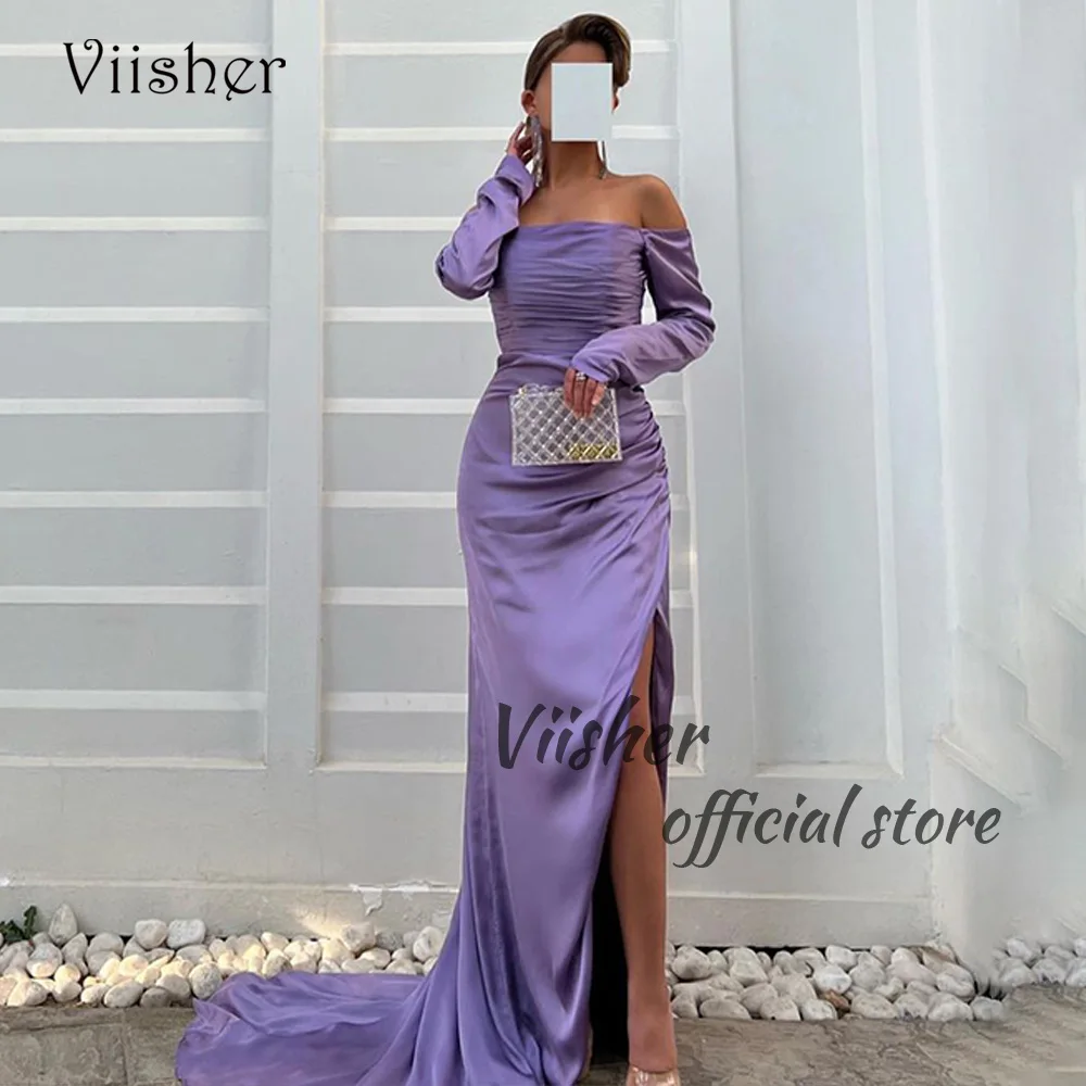 

Viisher Lavender Mermaid Evening Dresses with Slit Pleats Satin Strapless 3/4 Sleeve Prom Party Dress Arabic Dubai Formal Dress