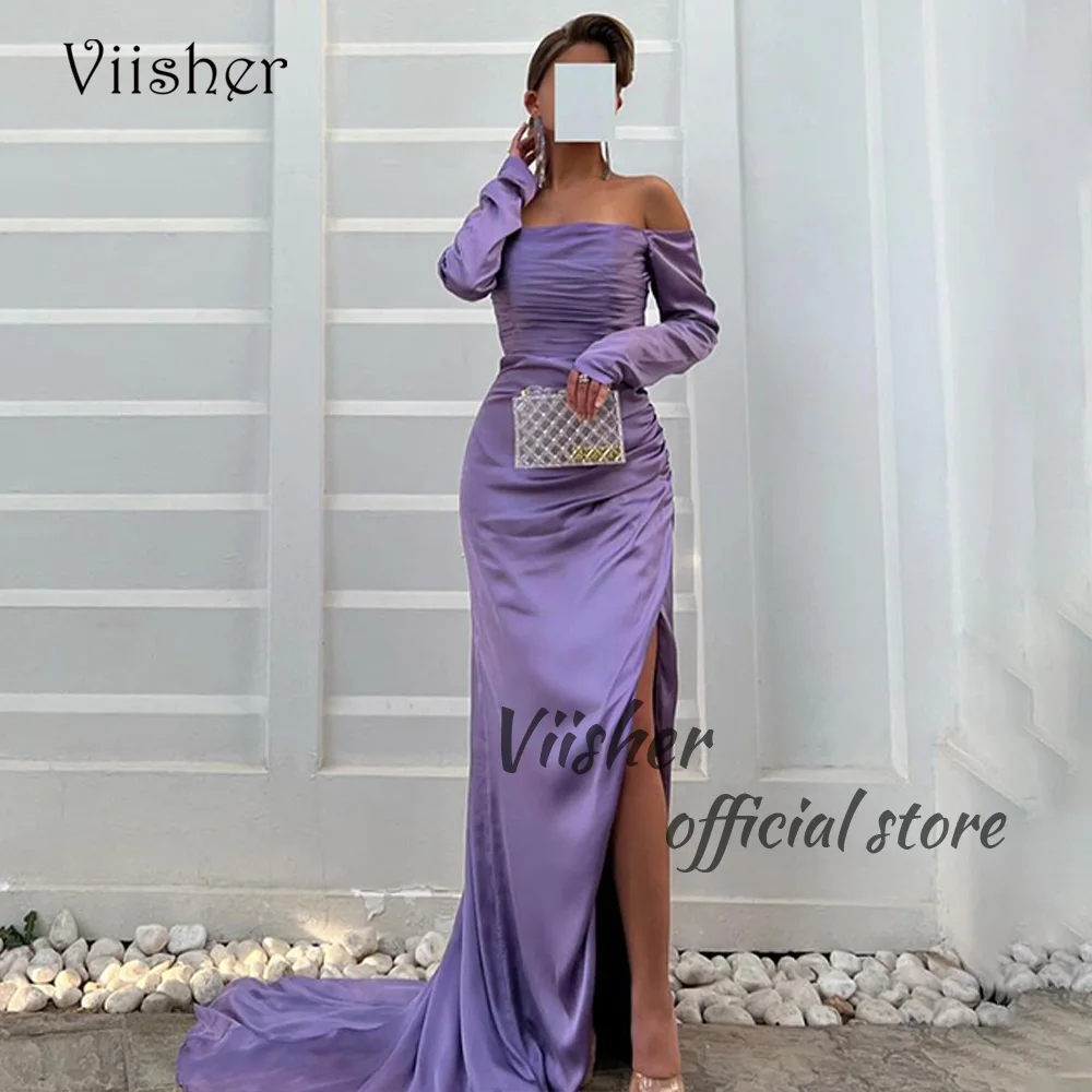 Viisher Lavender Mermaid Evening Dresses with Slit Pleats Satin Strapless 3/4 Sleeve Prom Party Dress Arabic Dubai Formal Dress