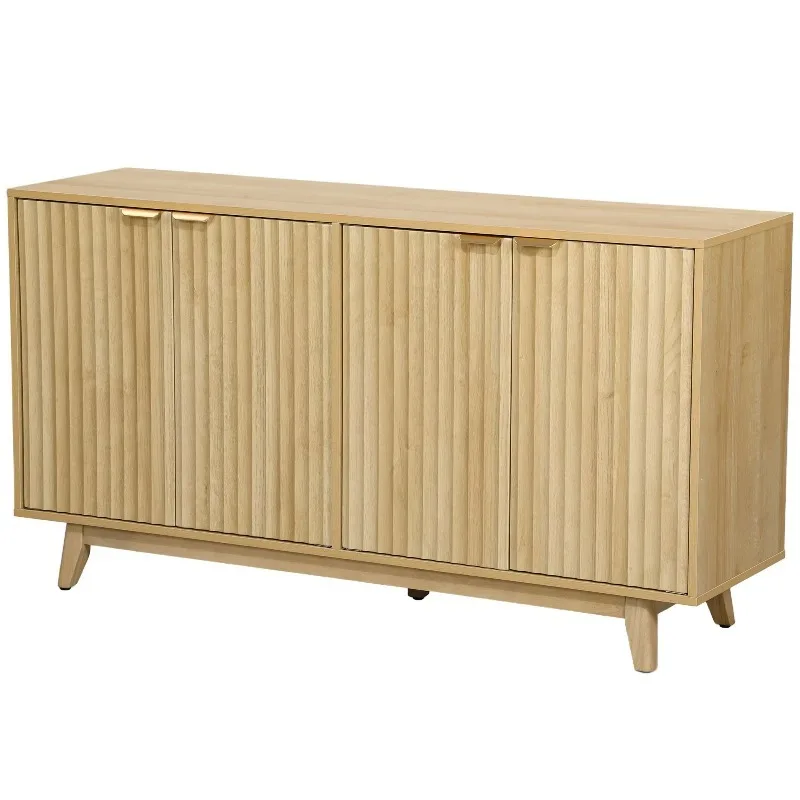 55 Inch Coffee Bar Cabinet Groove Sideboard Buffet with 4 Doors, 2 Adjustable Shelves, 5 Wooden Legs, Natural Wood