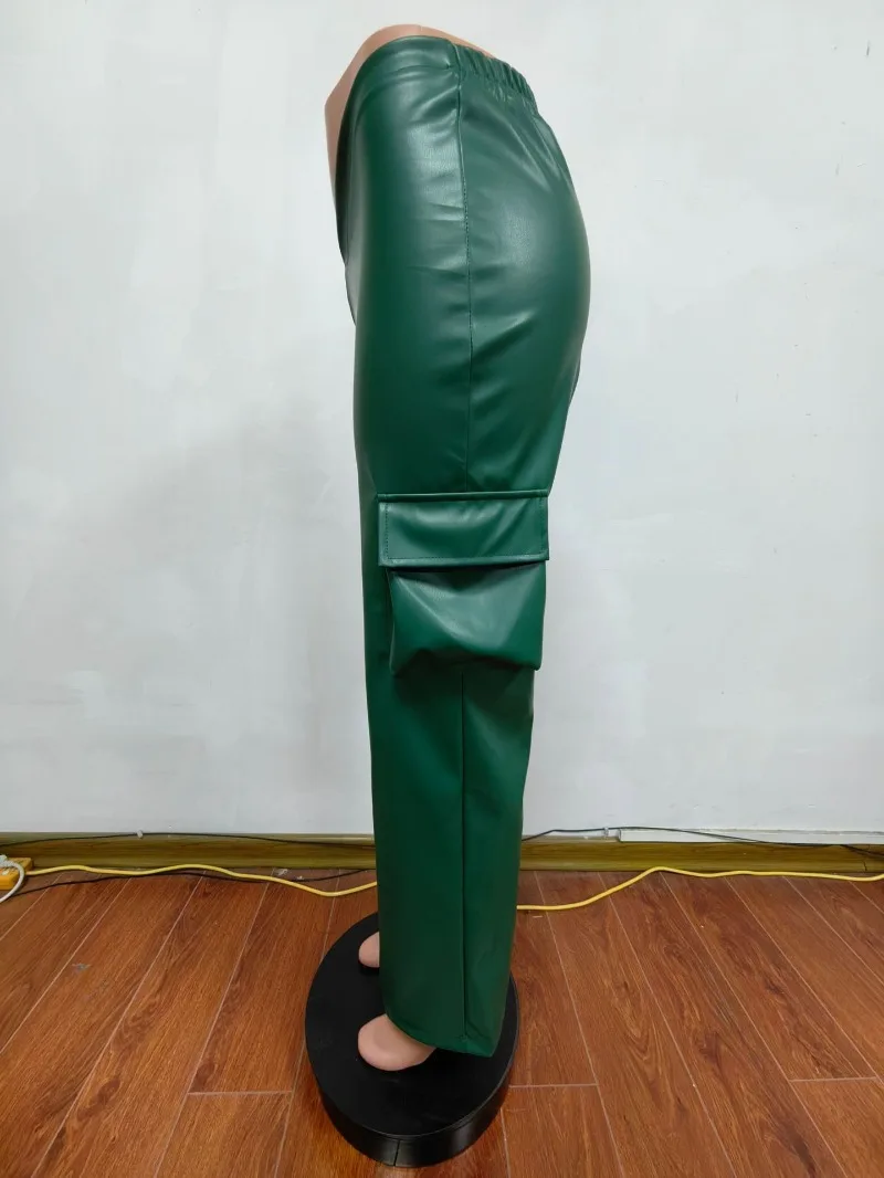 Solid 3D Pockets PU Leather Cargo Pants Women Fashion Elastic V Cut Low Waist High Stretch Straight Trousers Casual Streetwear