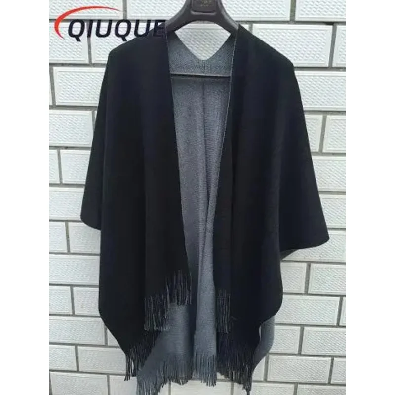 New Fashion Oversized Loose Overwear Knitted Cashmere Poncho Capes Coat Duplex Tassel Shawl Cardigans Women's Sweaters