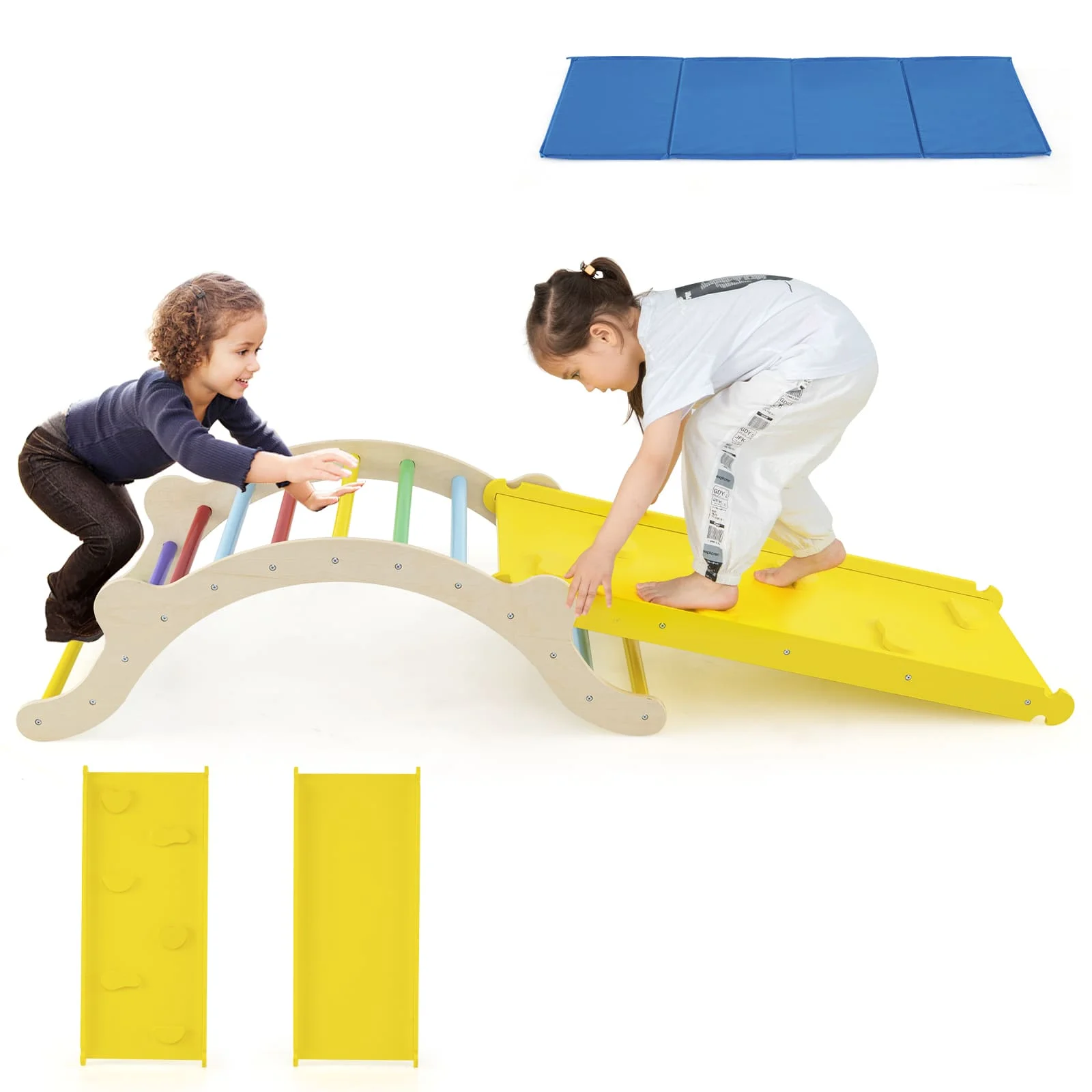 DORTALA 3-In-1 Wooden Climber with Ramp Toddler Climber Arch