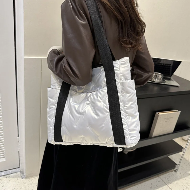 Winter Down Cotton Casual Tote Bags For Women, Solid Color Fashion Shoulder Bag Ladies Handbags For Commuting & Gift