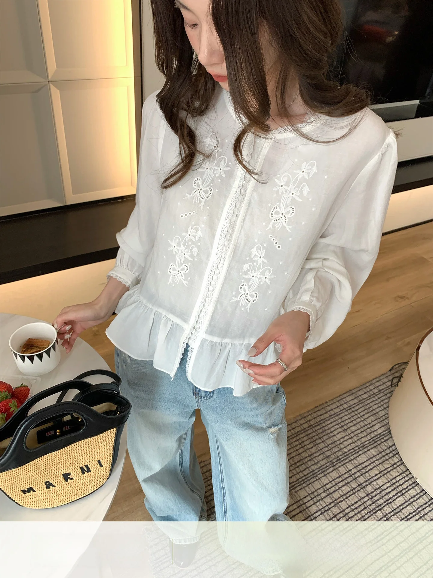 

INGCON White Lace Linen Women's Shirt Summer New Embroidery Heavy Soft Small Shirt Korean Style Commute Loose Fit Long Sleeve