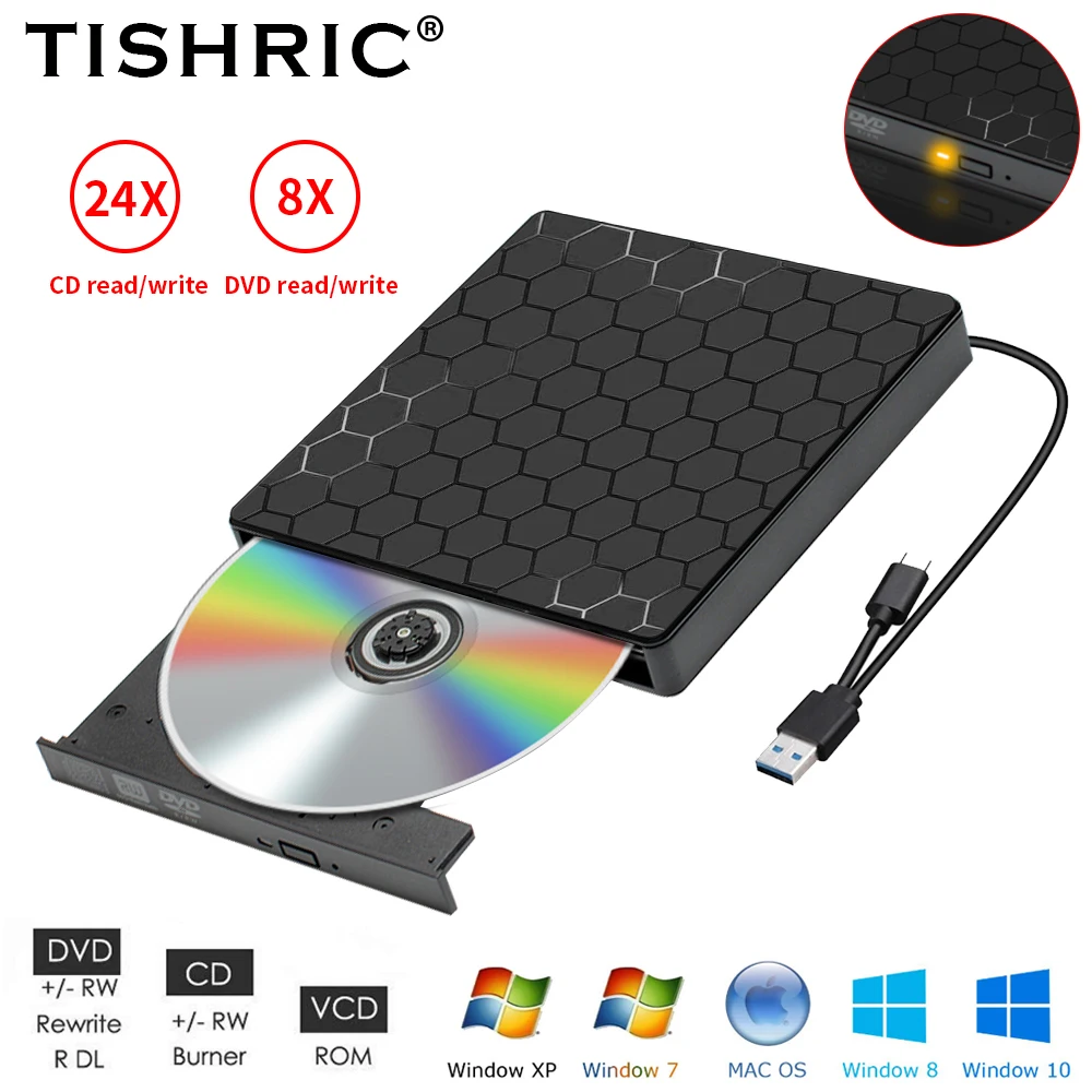 

TISHRIC USB 3.0 Type C External DVD Drive CD Player PC DVD-RW ROM Player CD-RW POP-UP Mobile DVD-RW For Laptop Desktop