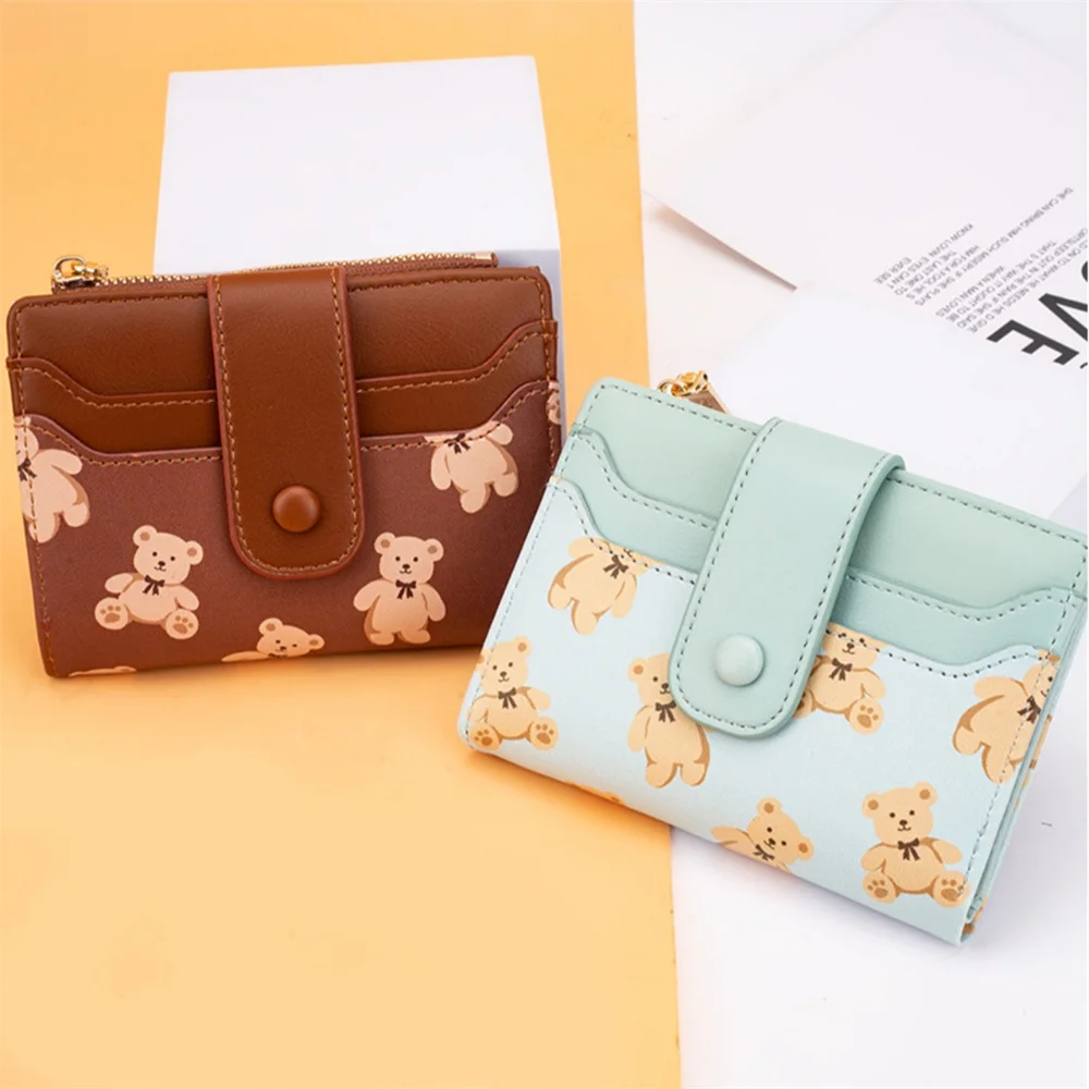 Cartoon Bears Pattern Bifold Wallet Women'S Short Buckle Coin Purse Multi-Card Slots Card Bag PU Leather Money Pouch Pocket