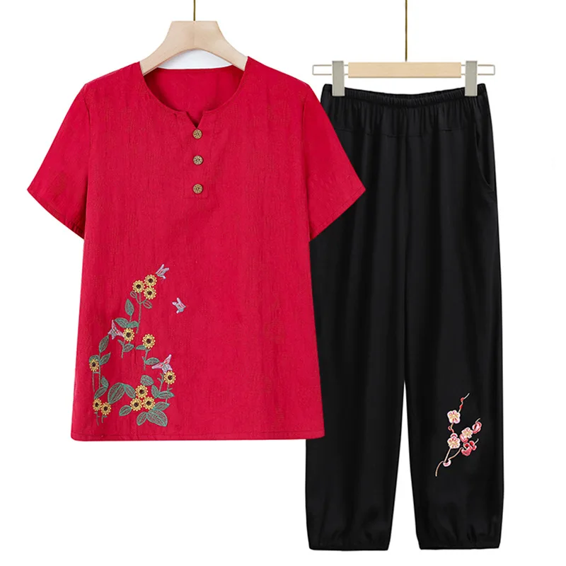 

XL-6XL Vintage Printed Grandma Short Sleeve Capri Pants Suit Middle Aged Mother Two Piece Set Women Outfit Summer Clothing