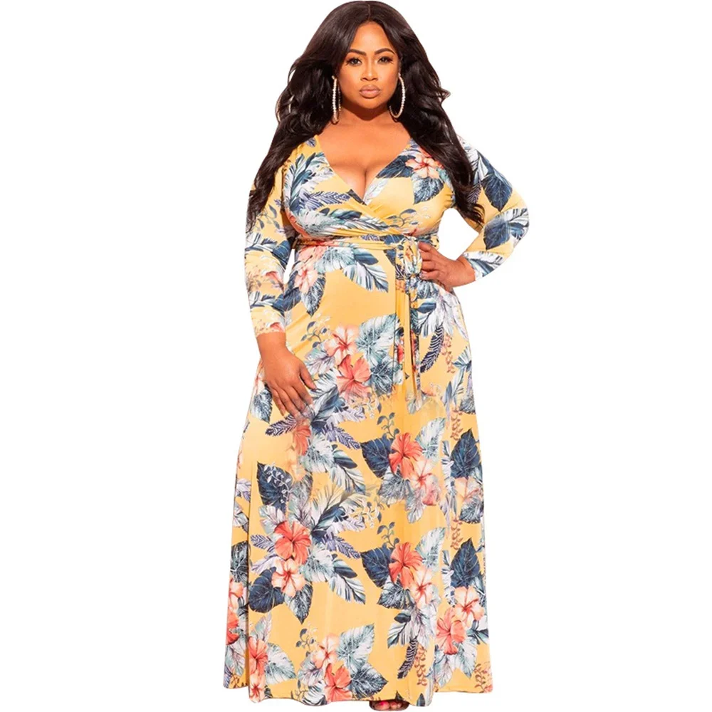 HAOOHU z nadrukiem głęboki wąski pasek w szpic Plus Size dla kobiet seksowna sukienka z wysokim stanem moda Maxi elegancka, długa suknie wieczorowe