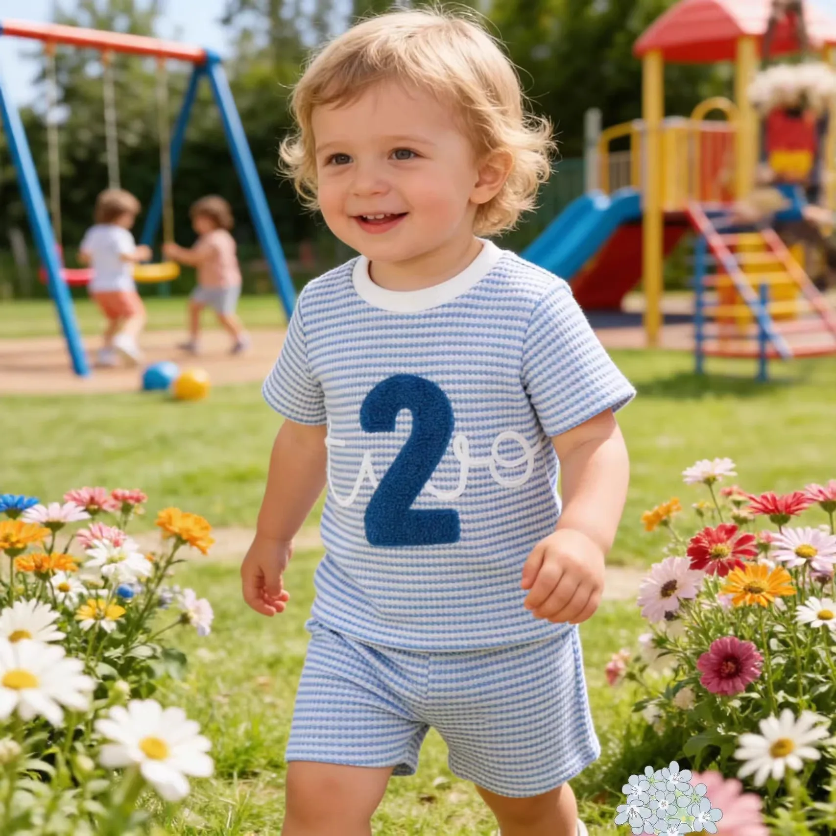 Summer neutral infant and toddler new striped digital two embroidered T-shirt + shorts two-piece set
