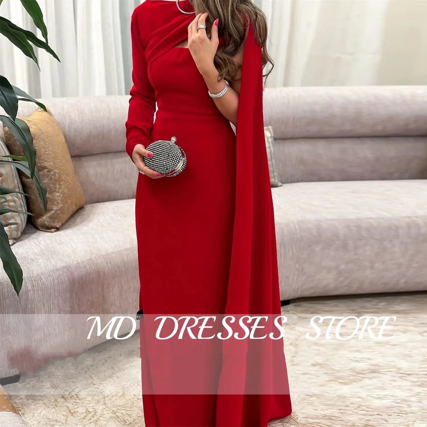 MD Elegant Red Evening Gown A-line Long Sleeve Square Collar Prom Down Muslim Saudi Floor-length Formal Occasion customised 2025