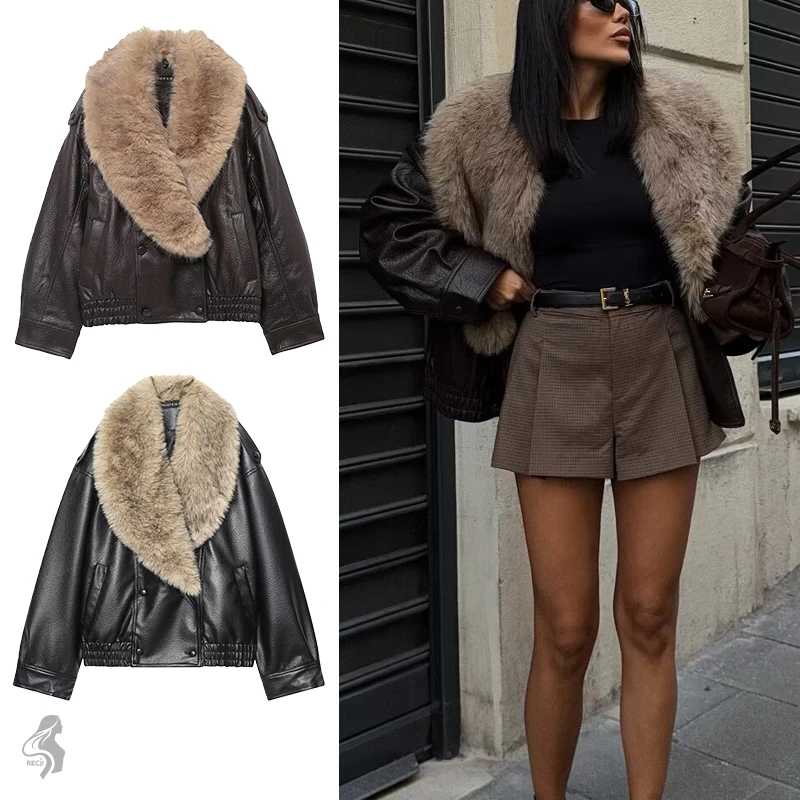 

Womens Faux Leather Jacket With Detachable Large Fur Collar Elastic Hem Retro Casual Commuter Biker Jacket Women Winter Coats
