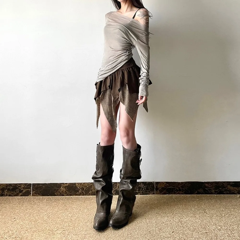 SylCue مثير موضة التنانير الصغيرة امرأة مرونة الخصر غير النظامية المرقعة هيم الساخن الفتيات شارع العليا نمط قيعان الموضة الأنيقة #4