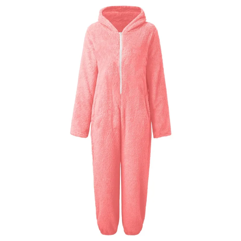 Winter Warm Sleepwear Women Loose Hooded Jumpsuit Casual Pajamas Solid Zipper Artificial Wool Long Sleeve Solid Pajamas