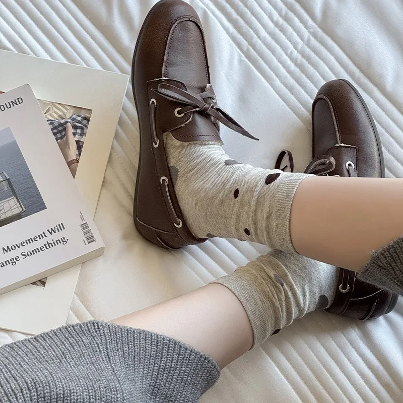 Women Mid Calf Socks Autumn Winter Ins Korean Style Bow Gray Coffee Striped Slouch Socks Versatile Long Hosiery for Ladies Daily view 5