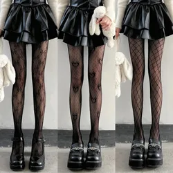 Lolita Girls Bow Tights Pantyhose Women Heart Print Mesh Fishnet Nylon Soft Y2k Japanese JK Hollow Sexy Lace Hollowout Stockings