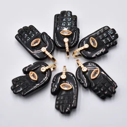 Fashion quality carved Natural stone Black Obsidian palm shape charms pendants fit jewelry making 6pcs Wholesale free shipping