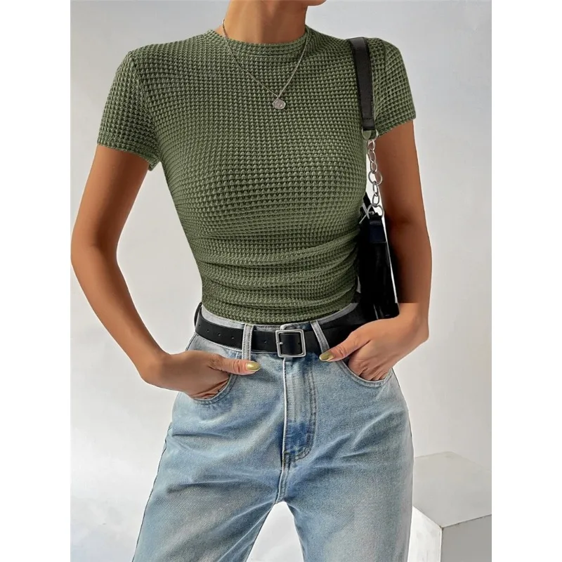 

Summer Women's Slim Pleated Round Neck Knitted Short Sleeve T-shirt Temperament Commuting New Fashion Women Clothes Pullover Top