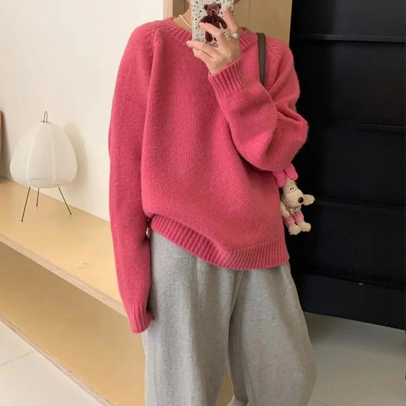 Women Knitted Pullovers Sweaters Solid Jumpers Round Neck Long Sleeves Thick Loose Fit Office Lady Casual 2025 Autumn Winter