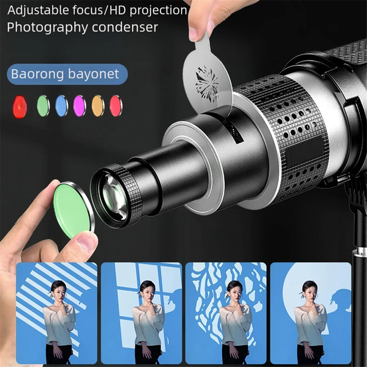 A52TPhotograph Flash Snoot Conical Lens Video Modelling Shape Photo Studio Light Kit with Optical Spotlight Lens 35 Gobos