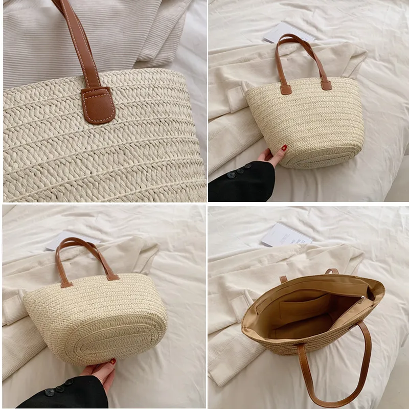 Bolso de mano trenzado con asa superior para mujer, bolsa de hombro portátil de paja grande, para fiesta en la playa, de verano