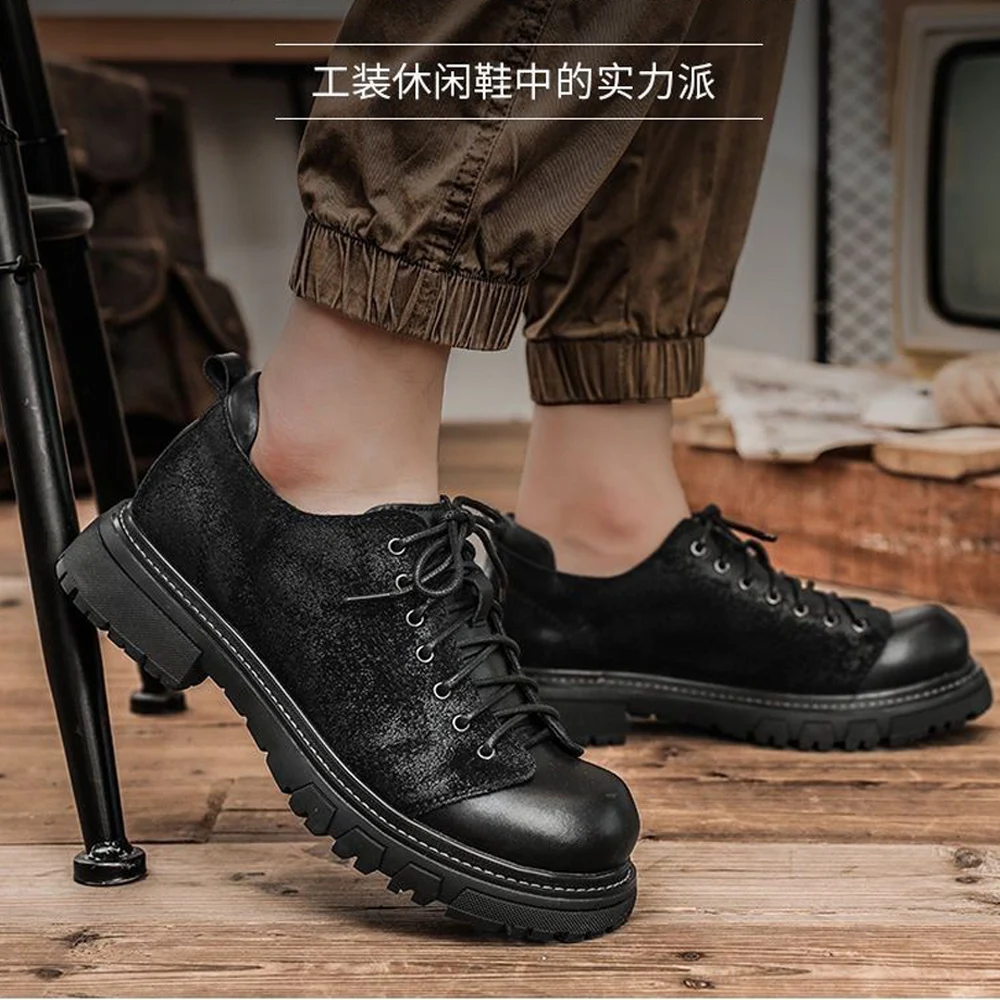 Men\'s Genuine Leather Cowboy Boots Punk Platform Casual Shoes Male Handmade Loafers Lace-up Western Dating Luxury Banquet Shoes