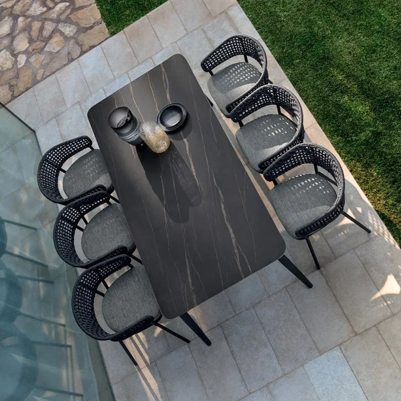 Rock plate aluminum alloy outdoor table and chair combination simple rattan chair open-air garden courtyard outdoor barbecue