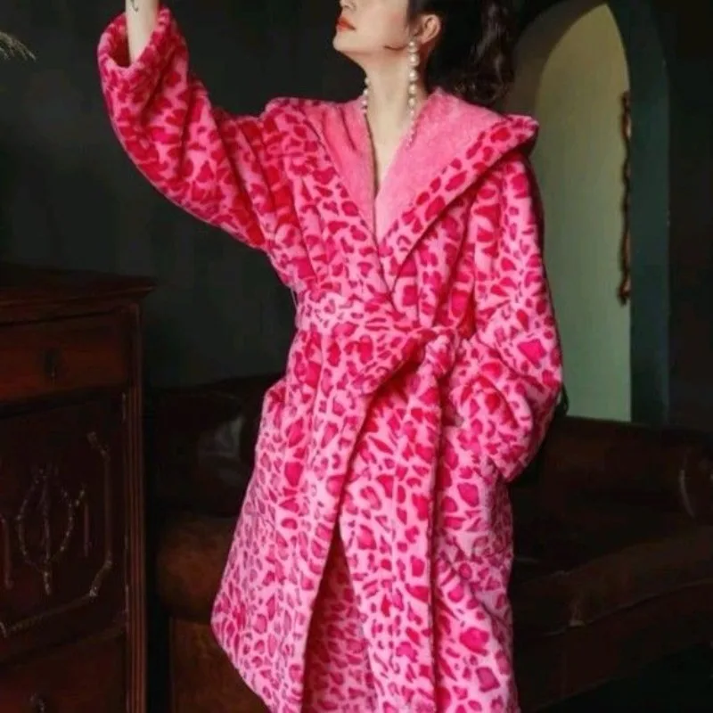 FallenVex Store Chic Loose Women Winter Fuzzy Home Bathrobe Hooded Pink Leopard Pattern Wrap Front Self‑Tie Waist Side Pockets