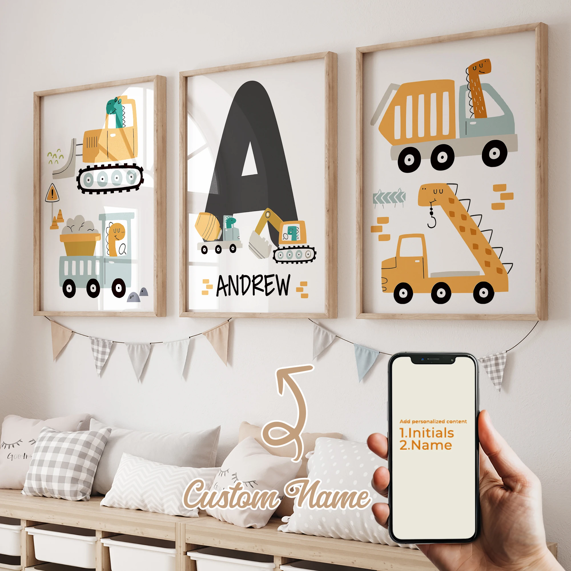 3pcs Personalized Custom Name Cartoon Bulldozer Wall Art Print Picture Canvas Poster Painting Living Room Home Decor