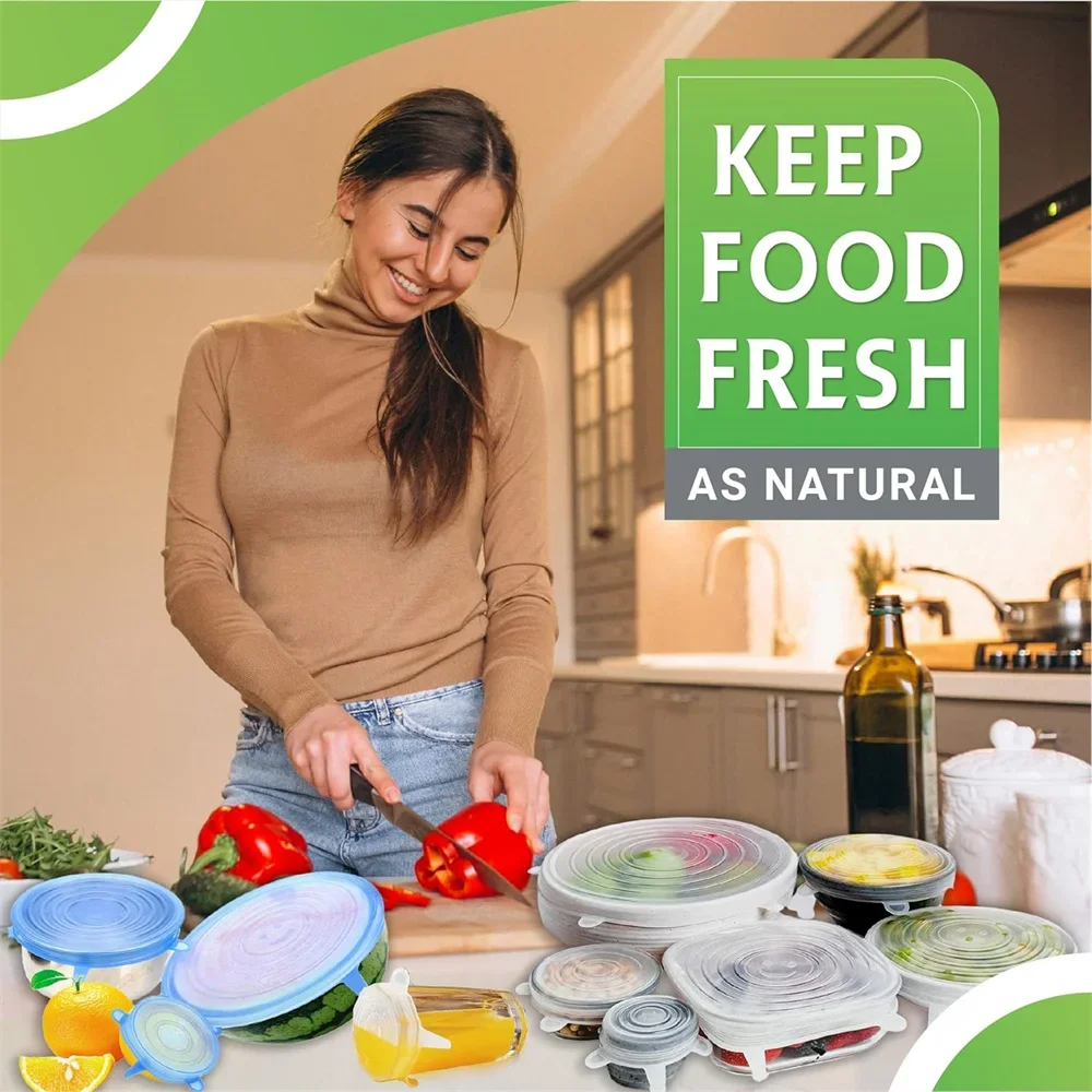 6 ชิ้นซิลิโคนอาหาร,Reusable Airtight ยืดฝาปิดสําหรับจานชาม, universal รอบห้องครัวคอนเทนเนอร์อุปกรณ์เสริม