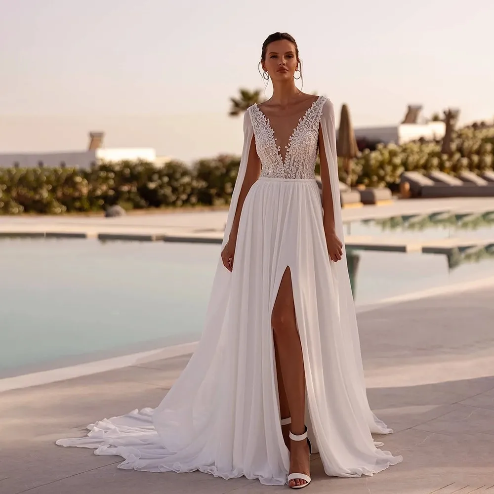 

Spaghetti Straps Chiffon Pleated Boho Bridal Dress with Train A-line Side Slit Lace Wedding Dress with Train Custom Made vestido