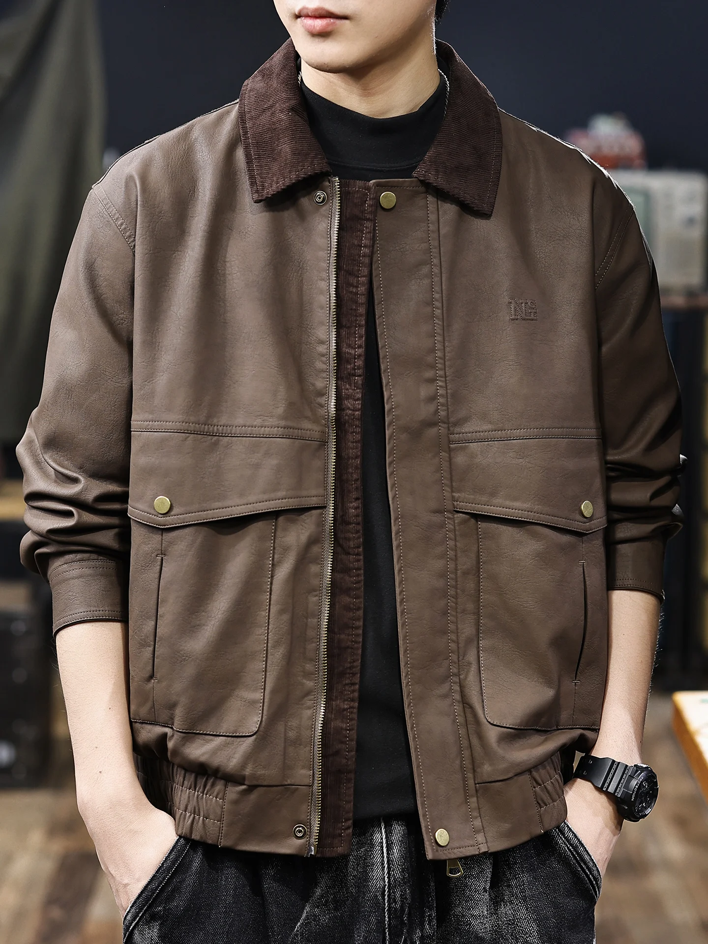 

Vintage Leather Jaet Men's Faion Fall 2025 PU Leather Workwear Jaet Cool Haome Sle Loose Fit Multi ket Design