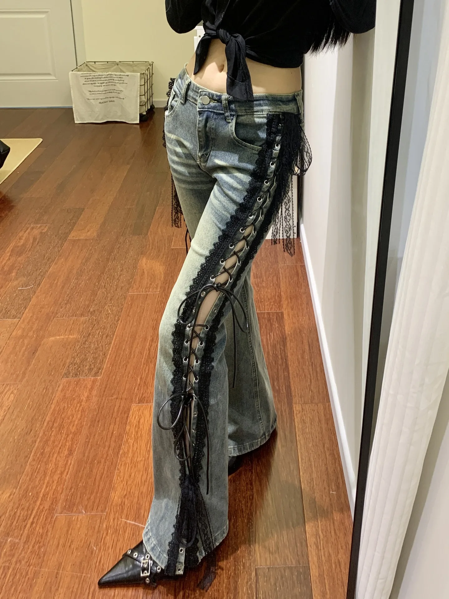 Women Jeans Dark Academia Flare Korean Fashion Bell-bottoms Laced Up Patchwork New Straight Slimming Wide Leg Long Denim Pants