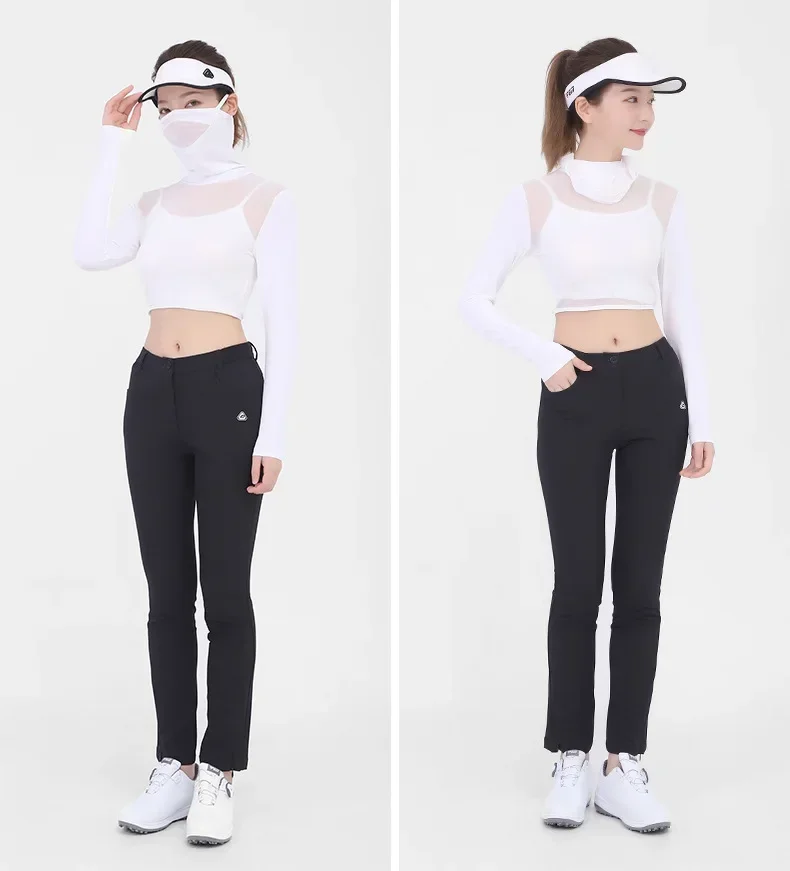 Pgm Womens Ice Silk Cool Shirts Half-Length Long Sleeve Cropped Tops Summer Sunscreen Golf Underwear With Mask Anti-UV UPF40+