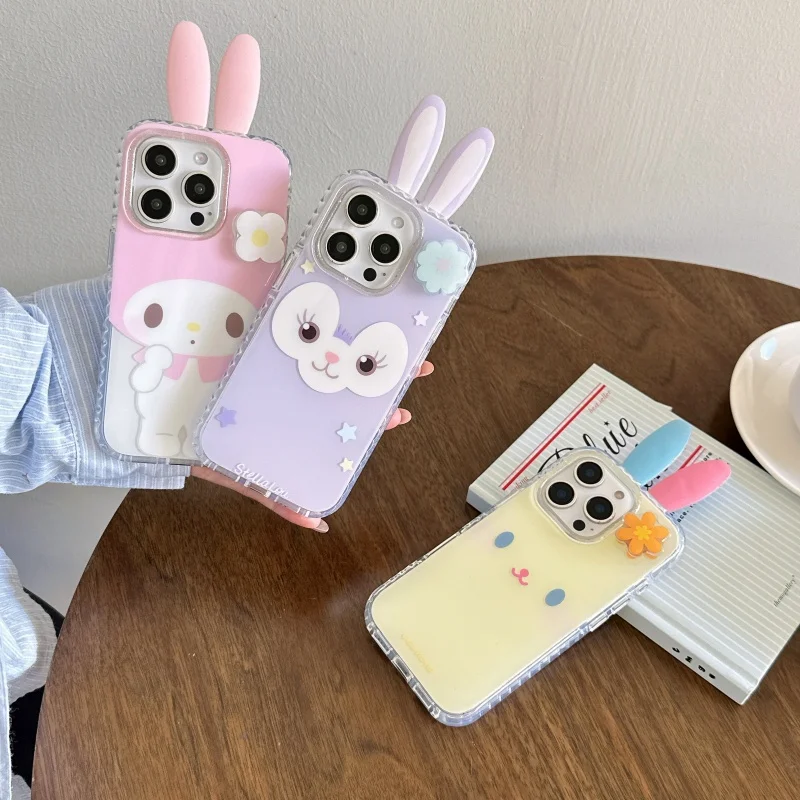 

kawaii Cute StellaLou My Melody 3D Mini Rabbit Ears Phone Case For iPhone 13 14 15 16 Pro Max Rabbit cartoon rotate flower Cover