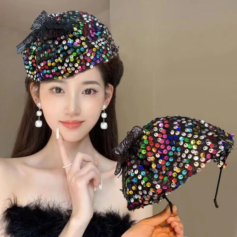 

French Spring Glitter Sequin Headband Breathable Summer Half Hat Cover Wide Brimmed Hair Half Hat Hoop Women Headwear