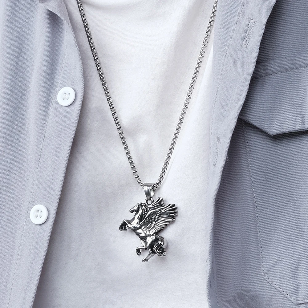 Pendant Necklace Greek Mythology Winged Horse Retro Hip Hop Style Stainless Steel Box Chain Neck Jewelry For Men Women Gifts