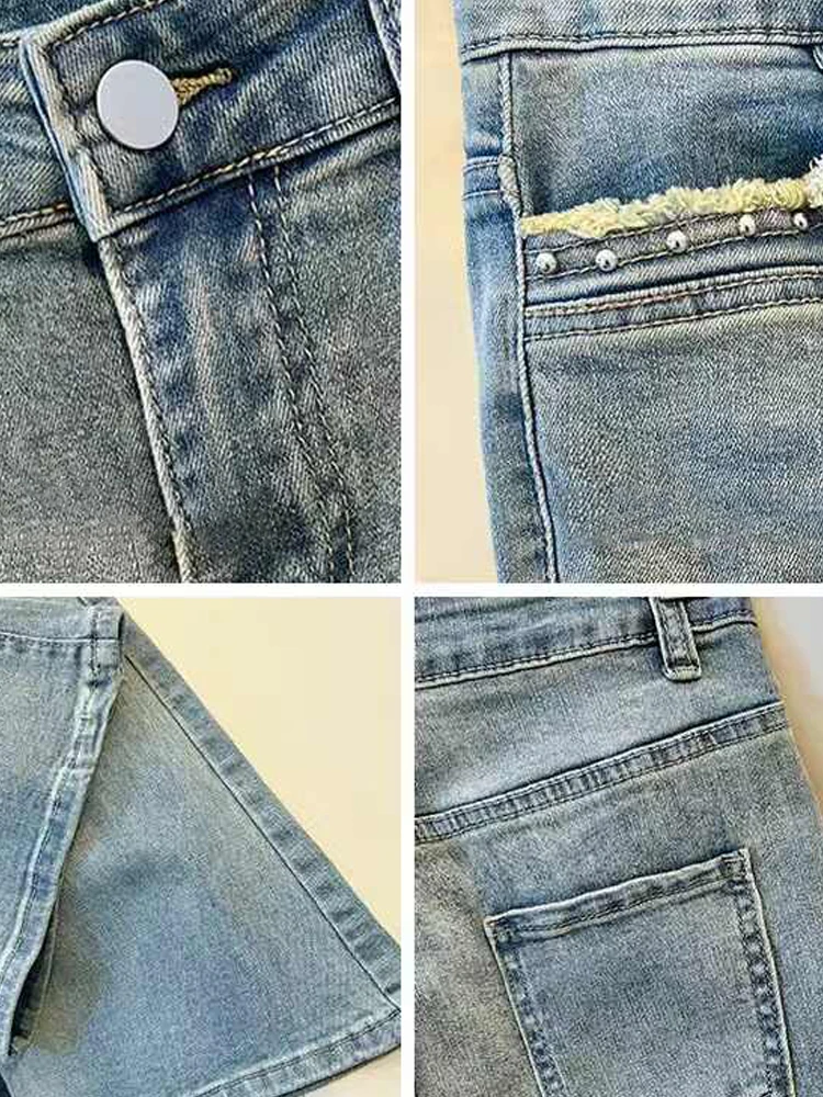 Retro micro queimado jeans para mulher primavera 2025 nova cintura alta magro denim calças moda borda crua bolso denim calças