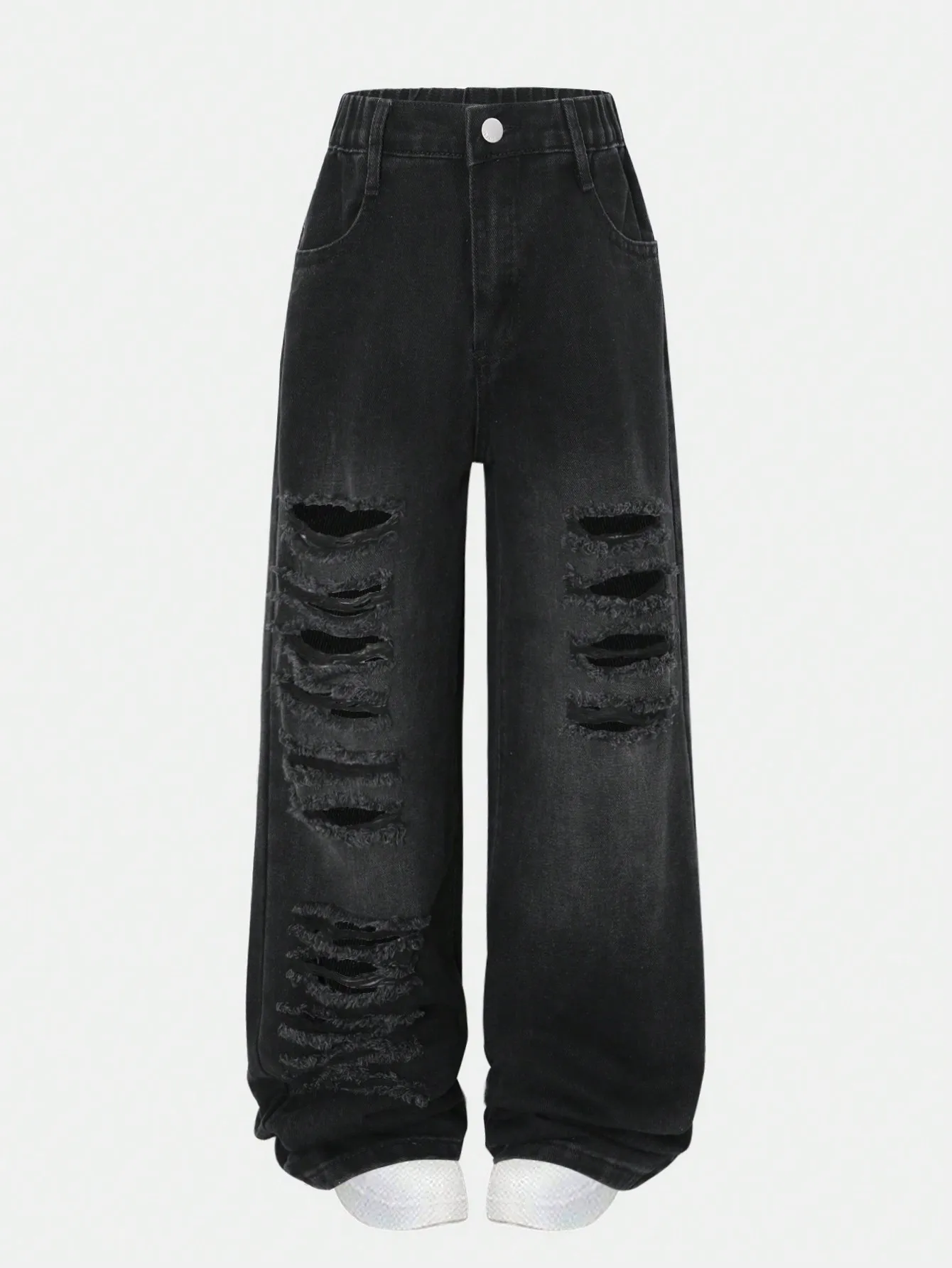 

Teenage Girls And Boys Washed Black Hole Casual Jeans Loose Wide Leg Long Straight Tube Pants for Middle to Large Children