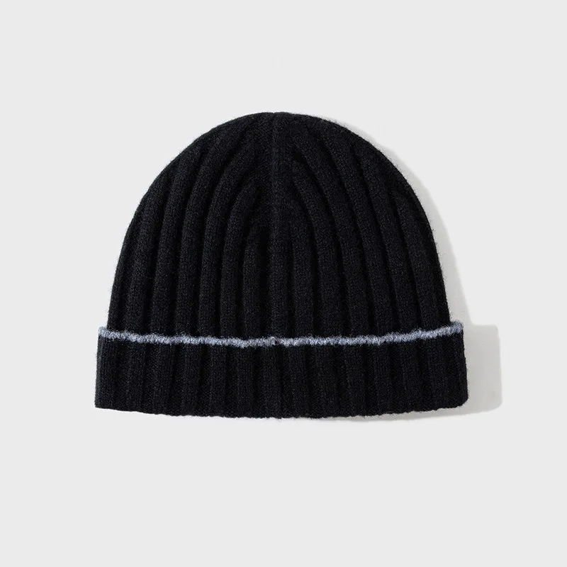 Contrast Trim Ribbed Wool Beanie Men Women Knitted Winter Hat