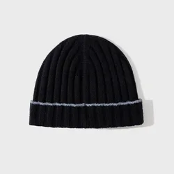 Contrast Trim Ribbed Wool Beanie Men Women Knitted Winter Hat