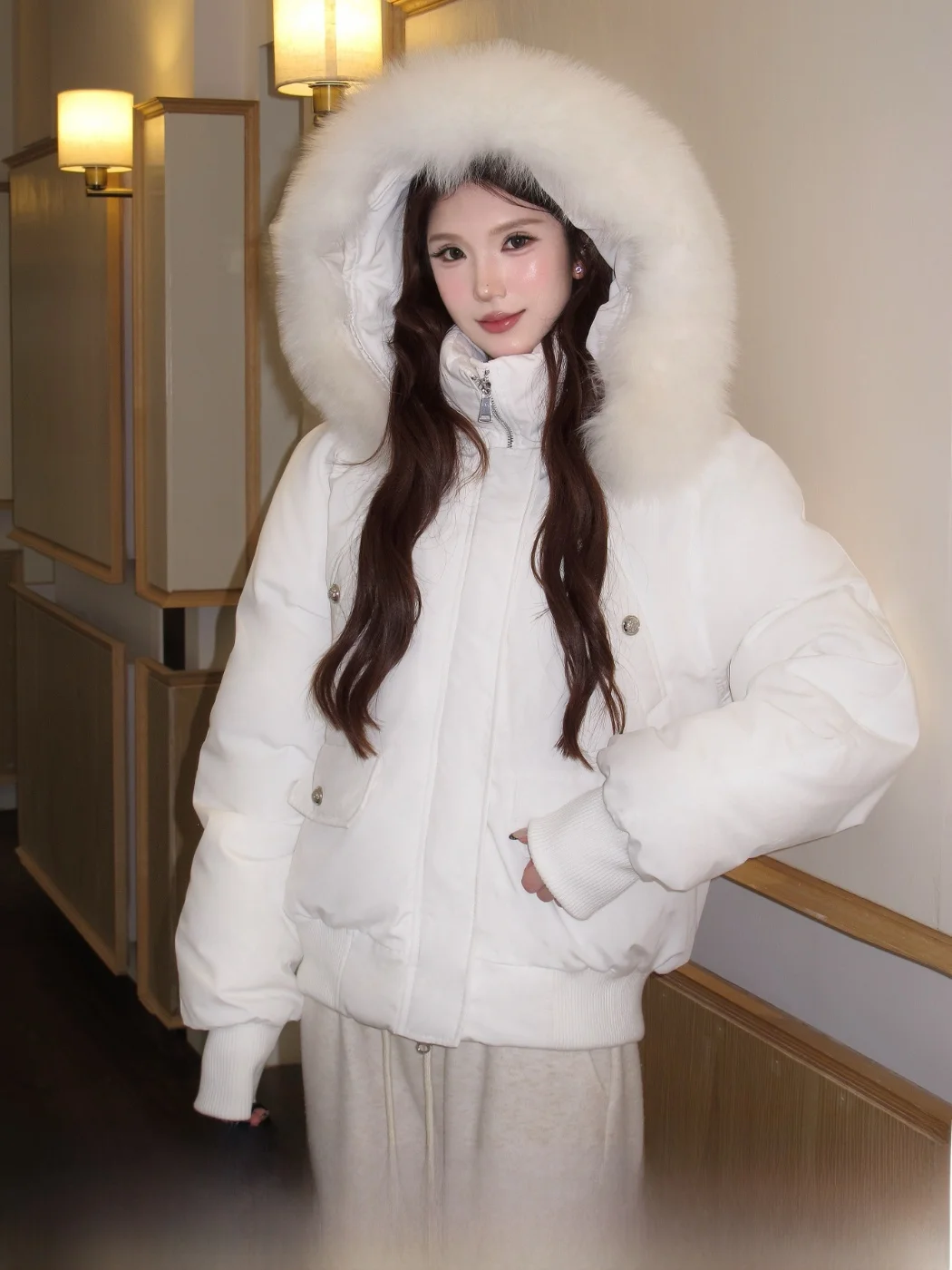 

MOXI White Du down Parka Coat Women's Thiened Hooded Stand Collar Eco-friendly Fur Collar Winter Warm Sli Korean Sle