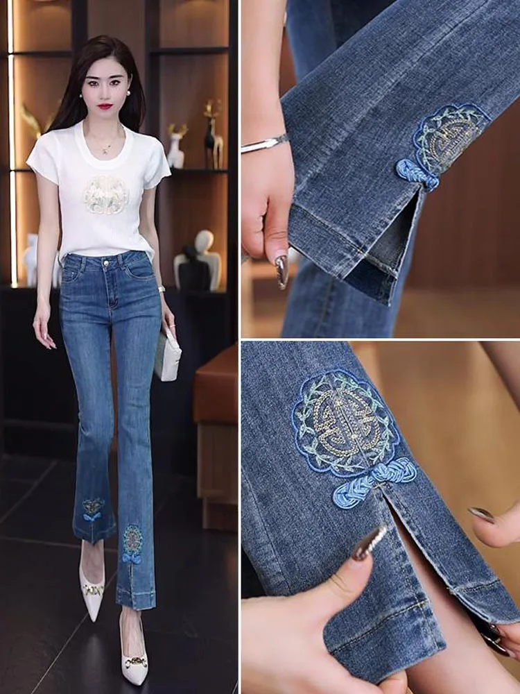 

Джинсы женские с высокой талией, широкие штанины, облегающие, повседневные, эластичные, длиной до щиколотки, весна-лето, новинка, стильный китайский деним, синие