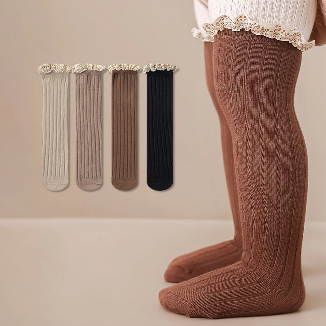 

Princess Kids Knit Long Stockings Spring Autumn Children Long Sock Thick Warm Baby Cotton Footwear Flower Ruffle Calf Socks 0-3Y