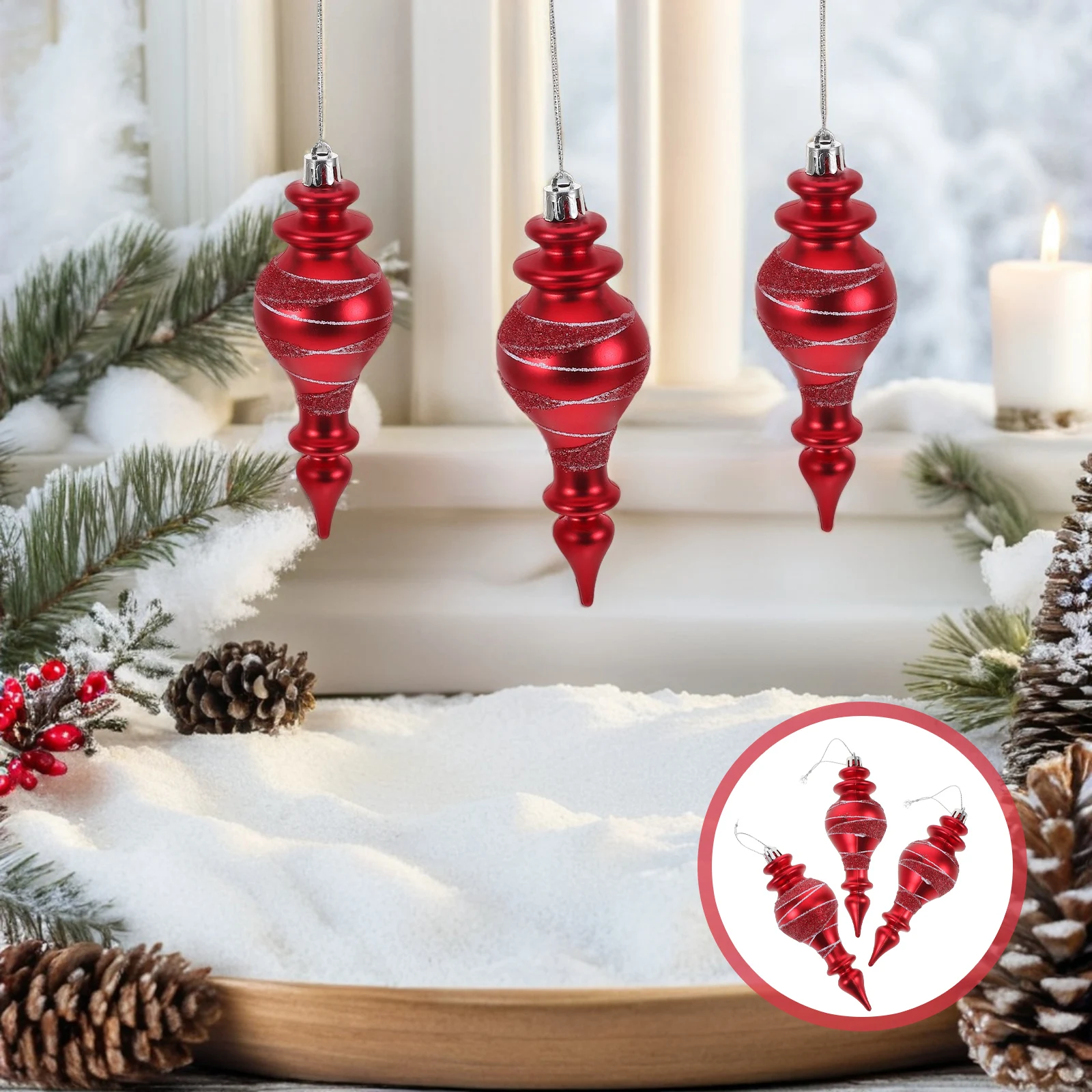 

3pcs Red Christmas Tree Embellishments: Unique Long Pointed Plastic Ornaments Glossy Shatterproof Holiday Hanging Decor For Tree
