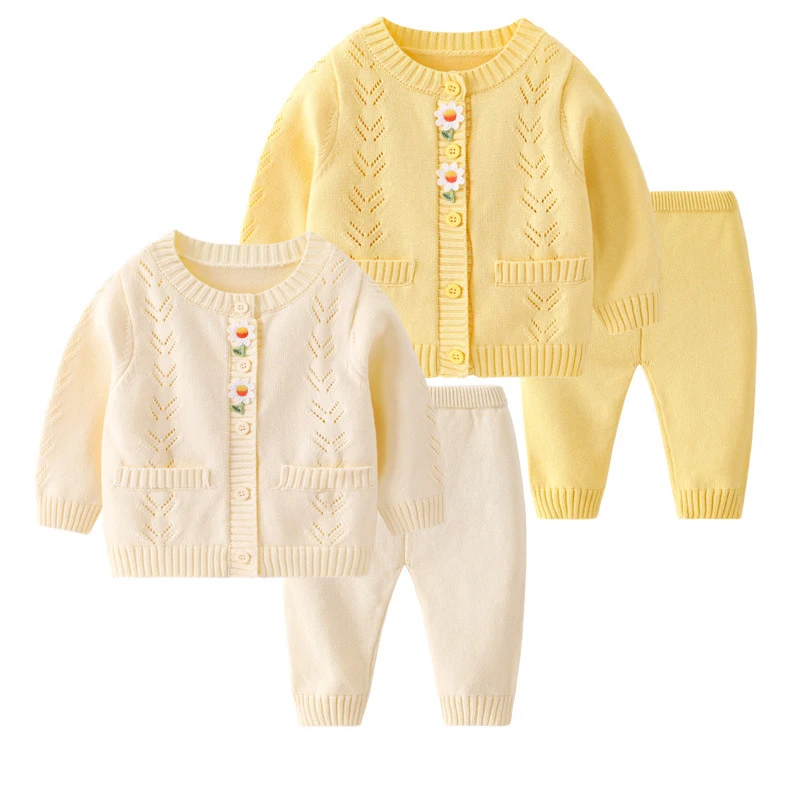 Newborn Baby Sweater Set Autumn Winter Round Neck Long Sleeved Knitted Cardigan Pants 2Piece Suit Girls Clothes