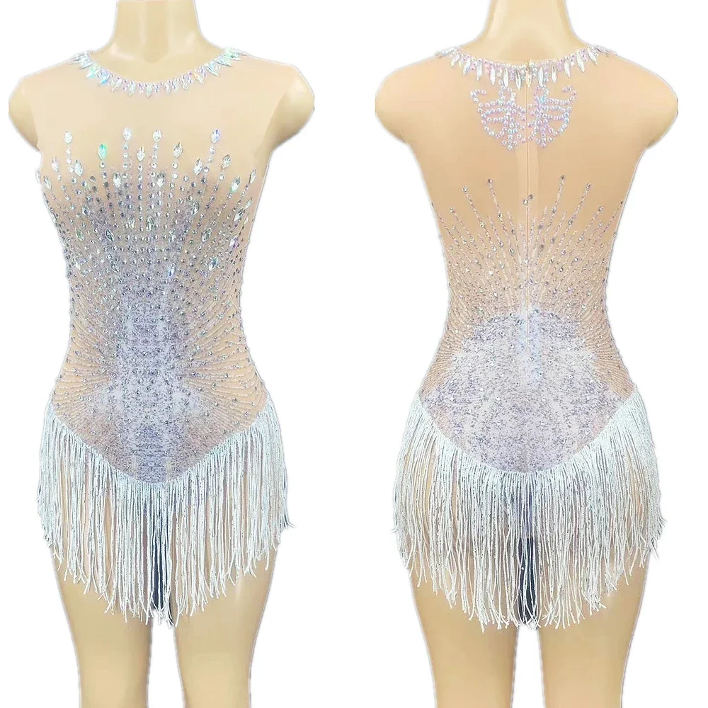 Perspectiva sem mangas borla macacão brilho incrustado diamante frisado feminino bodysuit cantor dança palco wear boate outfit