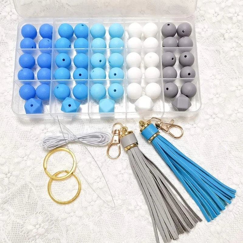 55Pcs Silicone Beads Making Kits for Bracelet Car Keychain Round Polygonal Beads Accessory DIY Set for Women Girls