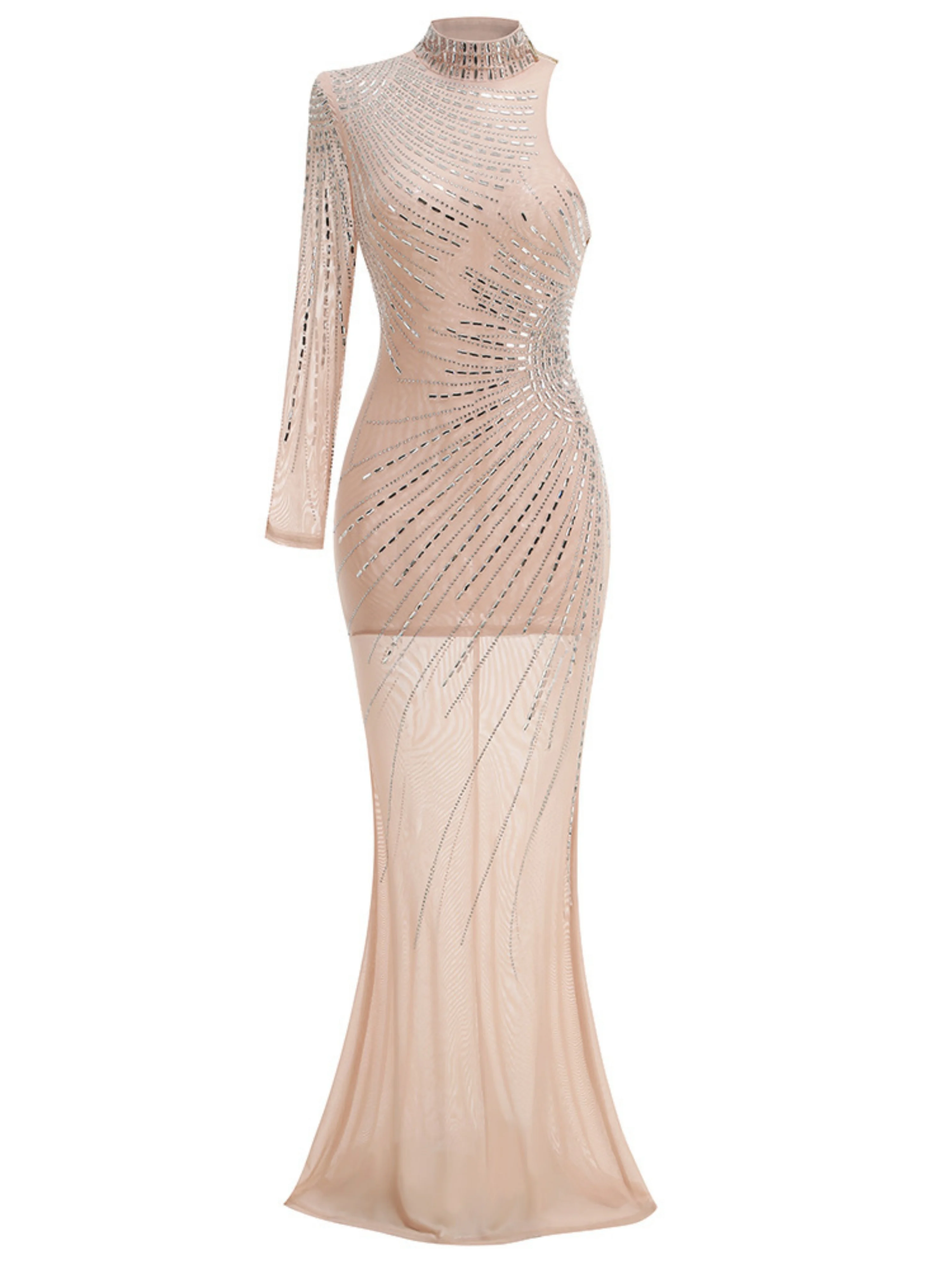 Women Sexy Beige Rhinestone Mesh Sheer Mock Neck One Sleeve Cutout Mermaid Long Dress Luxury Fancy Evening Wedding Guest Dresses